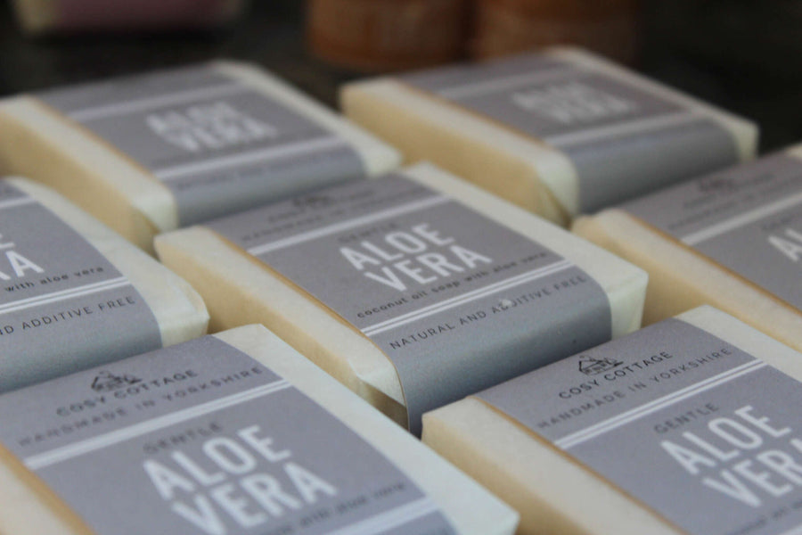 gentle aloe Vera handmade soap bars lined in a row